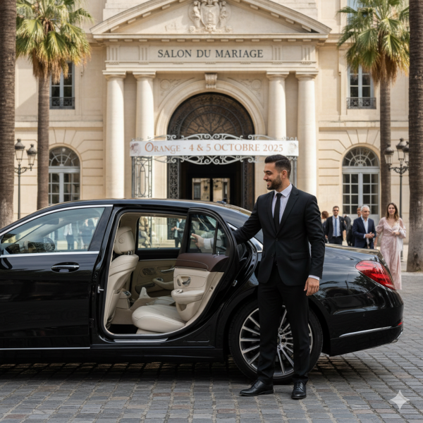 Chauffeur privé disponible pour un transfert discret et haut de gamme vers le Salon du Mariage à Orange les 4 et 5 octobre 2025