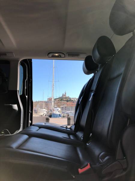 Premium private chauffeur service in Marseille and Provence, featuring our Mercedes E, S, and V-Class vehicles. This photo highlights the comfort, elegance, and cleanliness offered on every journey. Ideal for airport transfers, business travel, or private